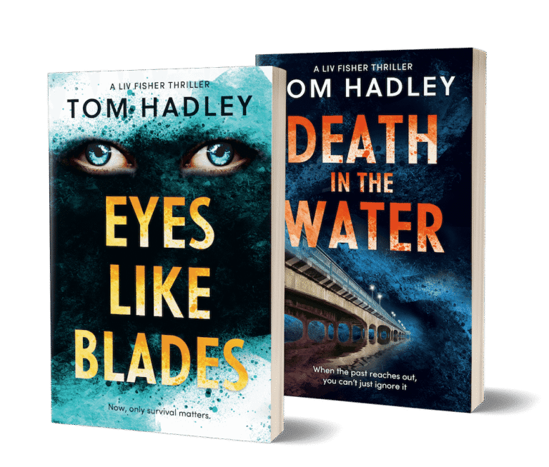 eyes like blades and death in the water book covers, action thriller, tom hadley, liv fisher series